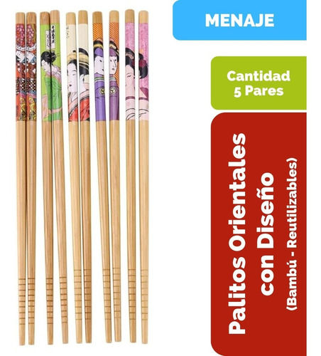 Palillos Orientales De Bambú Reutilizables. Pack De 5 Pares