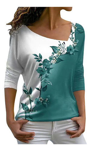 Camiseta De Mujer Con Estampado De Flores Sueltas Con Cuello
