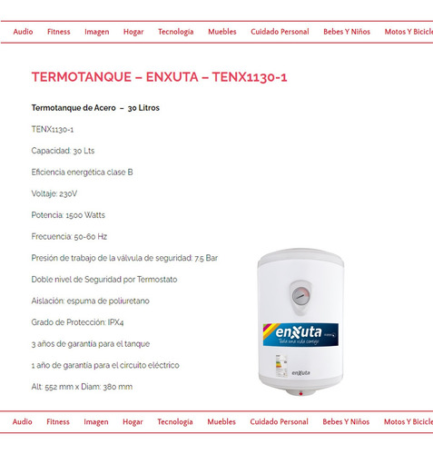 Imagen 3 de 6 de Calefon Termotanque Termofon Calentador 30 Enxuta