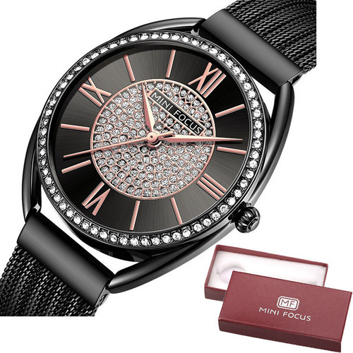 Reloj casual de cuarzo Mini Focus con correa de malla de diamante, color de la correa: negro