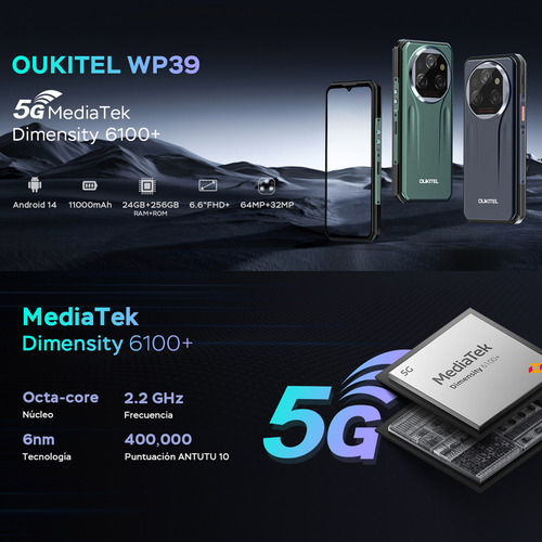 Celular Oukitel Wp39 5g Smartphone 24gb Ram 256gb 6.6 Hd+ 11000mah Resistente Smartphone 64mp Cámara Fingerprint/giroscopio/nfc/otg/android 14