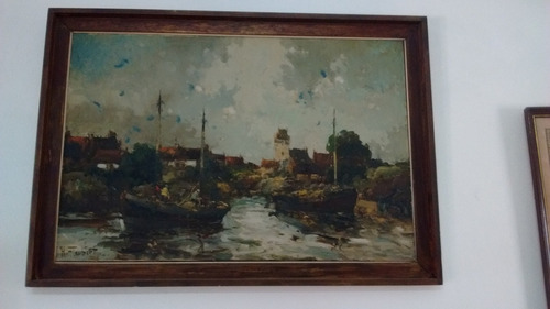 Cuadro Oleo Sobre Tela Paisaje Barcos Firmado H. Flaubert
