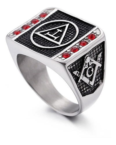 Anillo Acero Inoxidable Mason Piedra Roja Color Plata Hombre