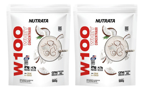 2x W100 Whey Protein Concentrado 900g Com Bcaa - Kit Nutrata Sabor Coco