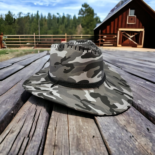 Sombrero Texano Camuflajeado Lazo Ala Grande Camu Ejercito Gris Único