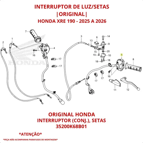 Interruptor De Sinalização Xre 190 2025 - 26 Original Honda