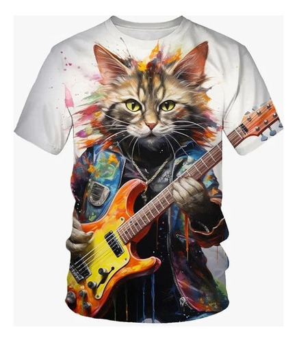 Camiseta De Manga Corta Con Estampado 3d De Gato Guitarrista