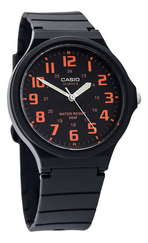 Reloj de pulsera Casio Youth MW-240-1E2V con cuerpo negro, analógico, para hombre, negro deshecho, con correa de resina negra, subesferas naranjas, manecilla del bisel y hebilla negras.