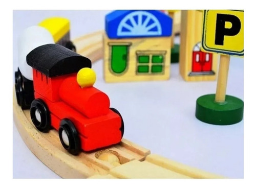 Pista De Trenes De Madera Cubeta Juguete Didactico 48 Piezas