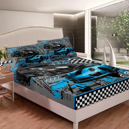 Juego De Ropa De Cama Para Auto De Carreras Individual Azul