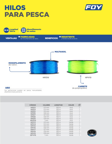 Hilo Para Pesca 0.8 Mm Longitud 100 M Azul Foy Hpz8