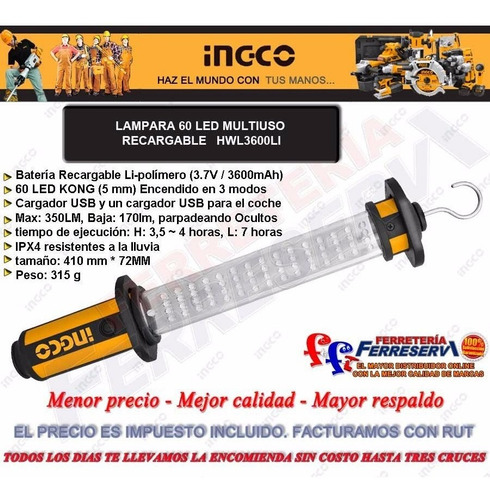 Lampara Linterna 60 Led Bateria Recargable Ingco Hwl3600li