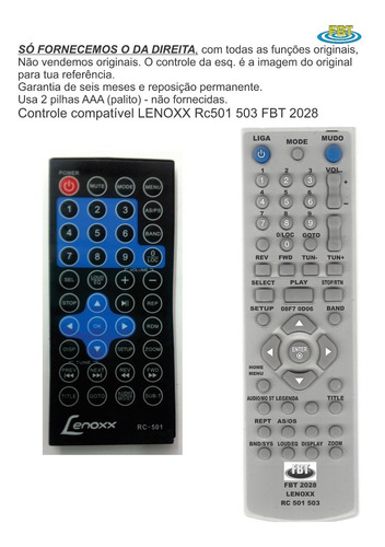 Controle Compatível Lenoxx Automotivo Rc503 Rc501 Fbt 2028