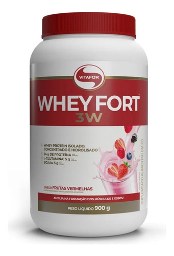 Whey Fort 3W Vitafor Proteina em Po Sabor Frutas Vermelhas. Pote de 900g
