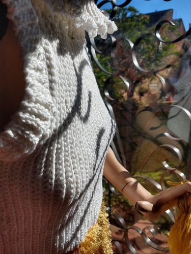 Remera Top Tejida Artesanal Algodon/saten Blanco Peterpan