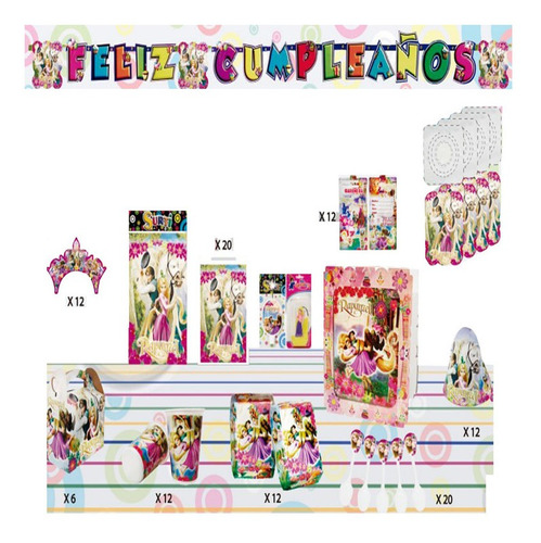 Set Kit Decoración Niña Fiesta Rapunzel 36 Invitados +regalo