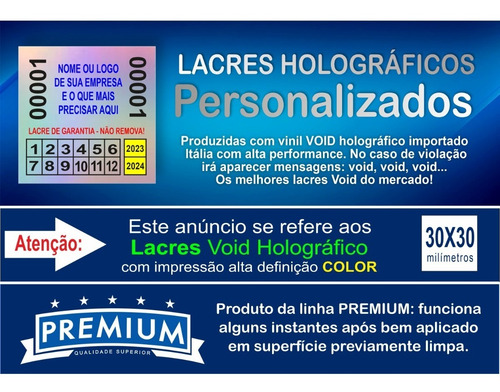 Lacre Void Holográfico Premium 30x30mm Personaliza Cor 100un