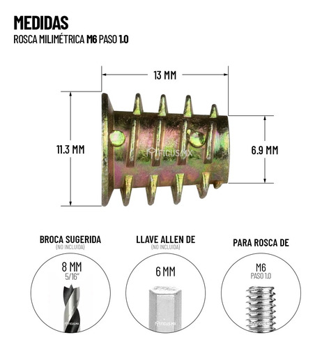 Inserto Tuerca Milimetrica Madera M6 X 13 Mm C/tope 50 Pzas