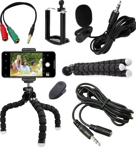 Kit Microfone Lapela Celular + Extensão Tripé Gravação Vídeo