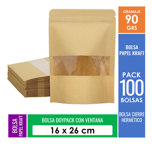 100 Bolsas Doypack Bolsas Resellables Papel Kraft 16x26 Cm