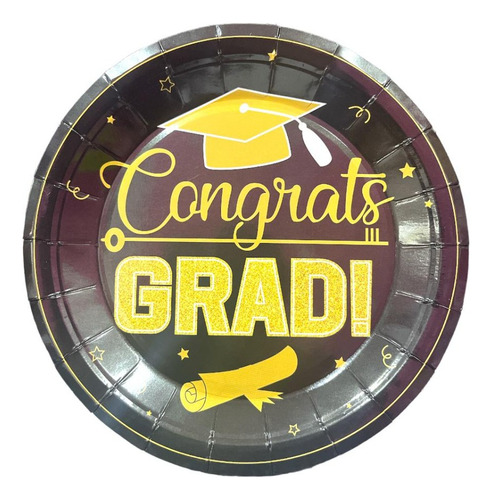 16 Platos Chicos De Carton Negro Con Diseño Congrats Grad