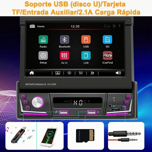 Autoestéreo 1 Din Bluetooth Retráctil 7 In Mirrorlink Cámara