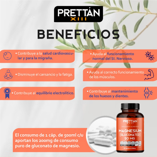 Gluconato De Magnesio 20mg Suplemento 90 Capsulas Prettan