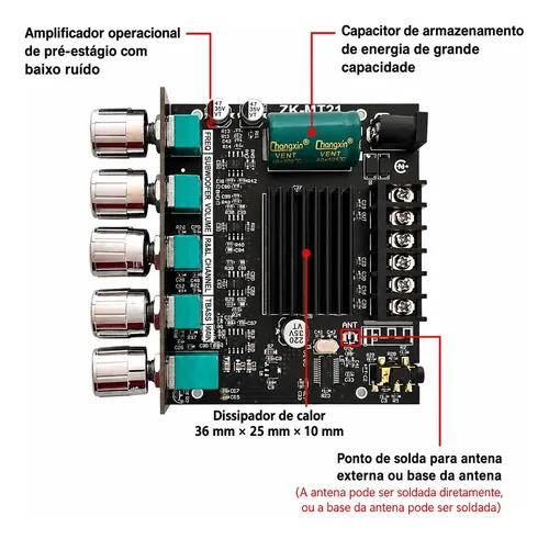 Placa Amplificadora Estéreo Bluetooth 2.1 100w Rms Zk-mt21