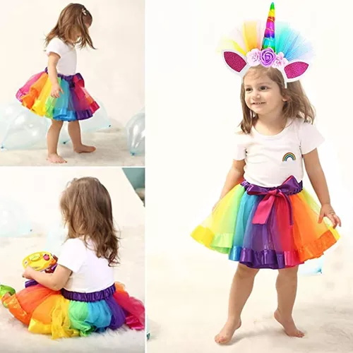 AUTOWT Falda Tutu para Niña, Vestido de Tul Arco Iris con Diadema