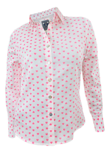 Camisa Blusa Blanca Estampada En Fucsia Manga Larga Mujer