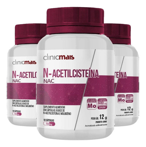 Kit 3x N-acetilsisteína Nac 750mg 16 Doses - Clinicmais