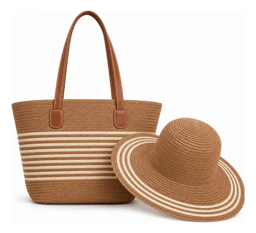 Kit Bolsa Sacola E Chapéu De Palha Feminino Praia Lançamento