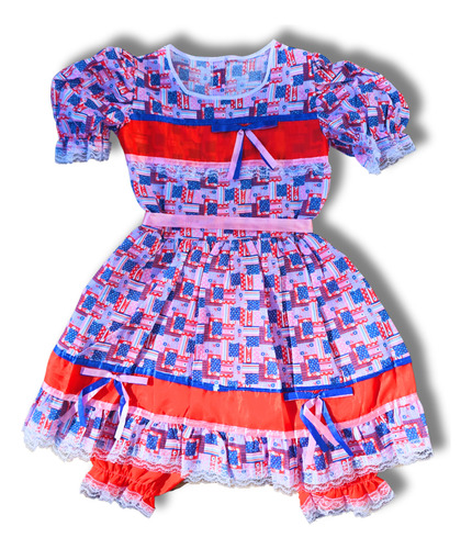 Vestido Festa Junina Infantil Estampado Com Laço Azul E Rosa