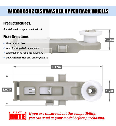 Ruedas Del Rack Del Lavavajillas W10888592 Para Whirlpool