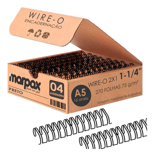 Wire-o P/ Encadernação 2x1 A5 Preto 1 1/4 Para 270 Fls 04un