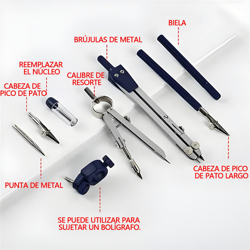 X 8pcs Compás Precisión Escolar Profesional Juego Geometría
