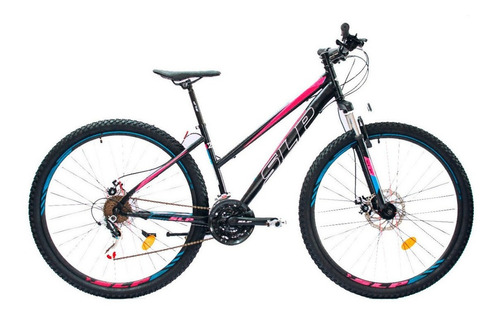 Mountain bike femenina SLP 10 Pro R29 21v frenos de disco mecánico cambios SLP color negro/blanco/rosa con pie de apoyo  