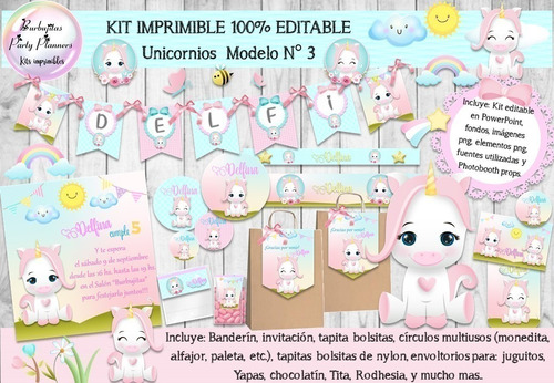 Kit Imprimible Candy Bar Unicornio Modelo 3 100% Editable