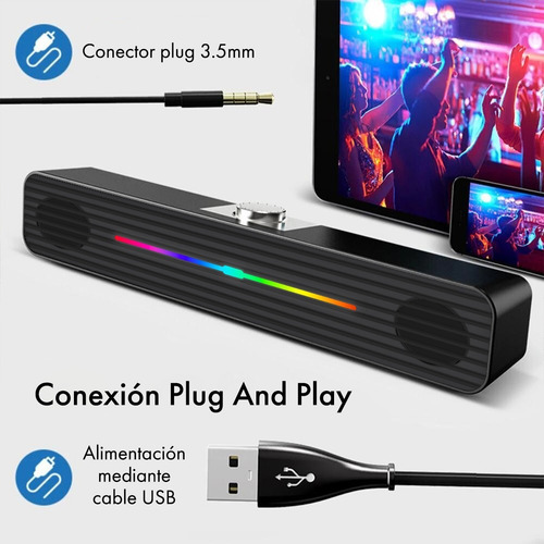 Imagen 3 de 8 de Barra Sonido Luz Rgb 3w Notebook Pc Altavoz Subwoofer Plug