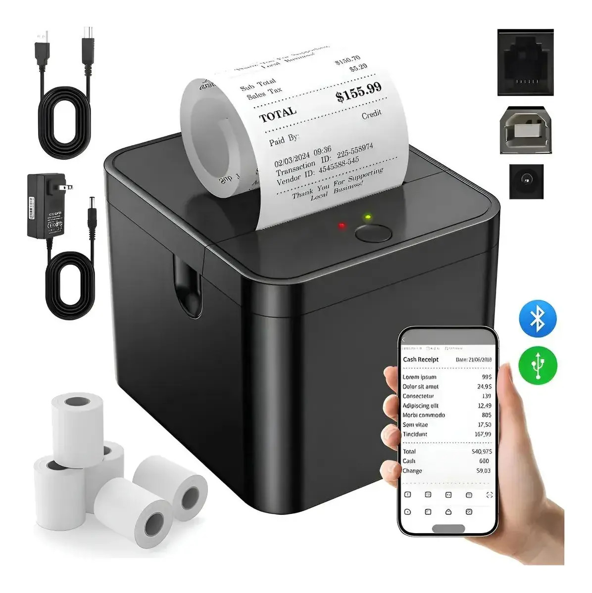 Castorng® Impresora Térmica Ticket Recibos 58mm Bluetooth+usb +5 Rollos De Papel Térmico