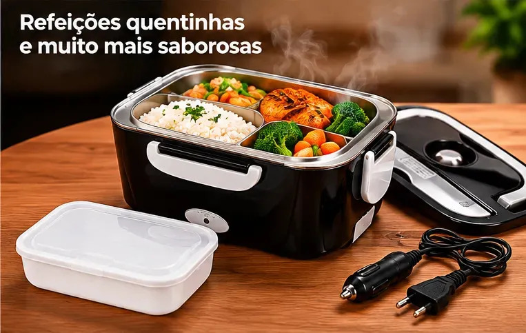 Marmita Elétrica Preta Bivolt Portátil Doméstica 110/220v Veicular 12/24v Lancheira 1.5l Com Divisórias Esquenta Rápido Refeições Práticas Trabalho Casa Carro Caminhão Viagem Faculdade Woosh