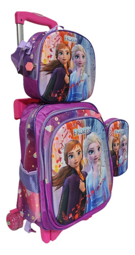 Mochila, Lonchera Y Lapicera Frozen Primaria Con Llantas, Ruedas O Carrito Rosa Chicle