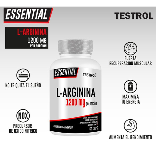 L-arginina 1200 Mg | Testrol | Essential | 60 Caps Sabor Sin sabor