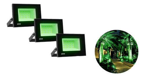 Kit 3 Holofote Refletor 20w Verde Led Jardim Gramado Árvore