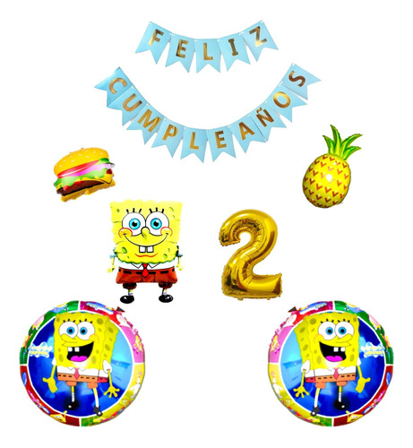 Pack Globos Bob Esponja X 6 + Banderín Feliz Cumpleaños 