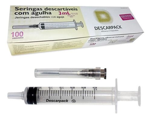 Seringa 3ml Luer Slip + Agulha 25x7 - Caixa C/ 100 Unidades Capacidade Em Volume 3 Ml