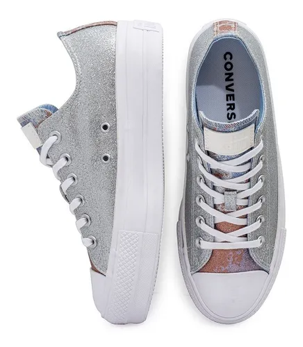 Zapatilla Converse Plataforma Mujer Plateada Con Brillos - $ 23.979,6