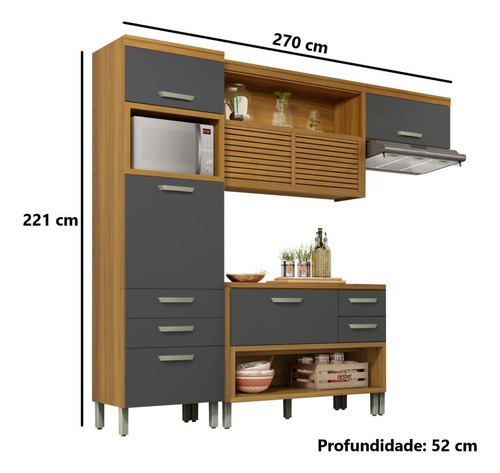 Cozinha Completa Mdf 3 Peças Nesher Princesa Marrom Grafite