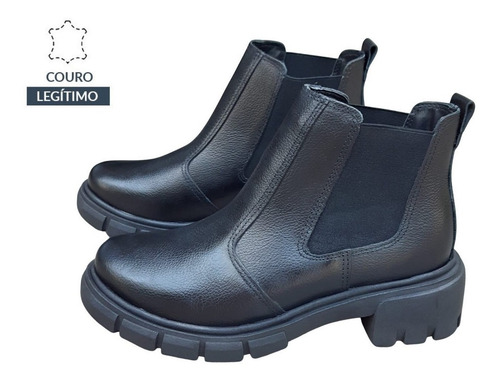 Imagem 3 de 6 de Bota Feminina Tratorada Chelsea Elástico Cano Curto Em Couro