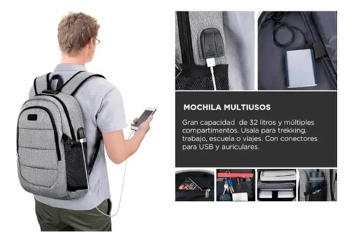 Mochila Antirrobo De Viaje Porta Notebook Con Candado Gris